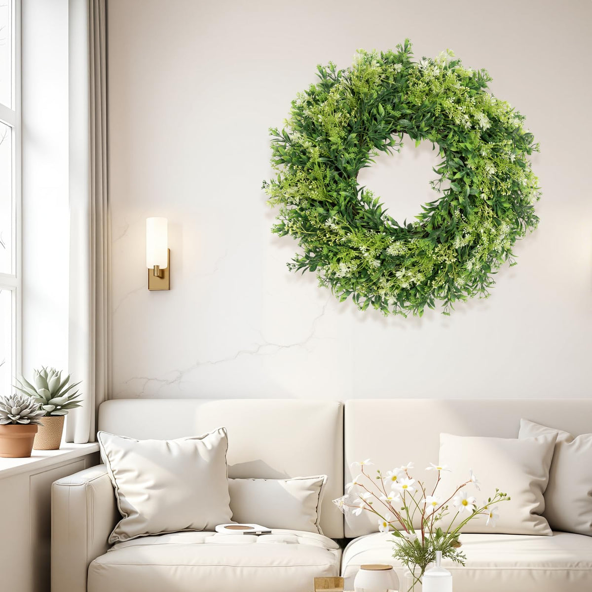 JDKPK eucalyptus leaves and flowers wreath closeup highlights lifelike detail.