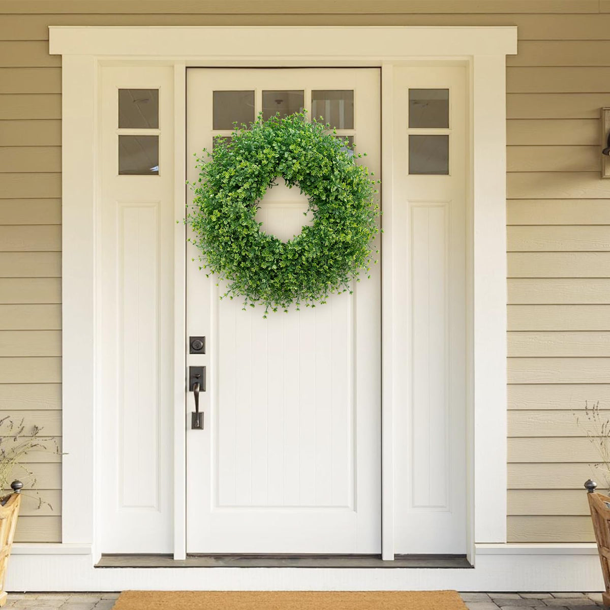 JDKPK large wreath enhances farmhouse porch with natural greenery vibe.