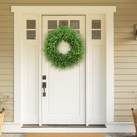 JDKPK large wreath enhances farmhouse porch with natural greenery vibe.
