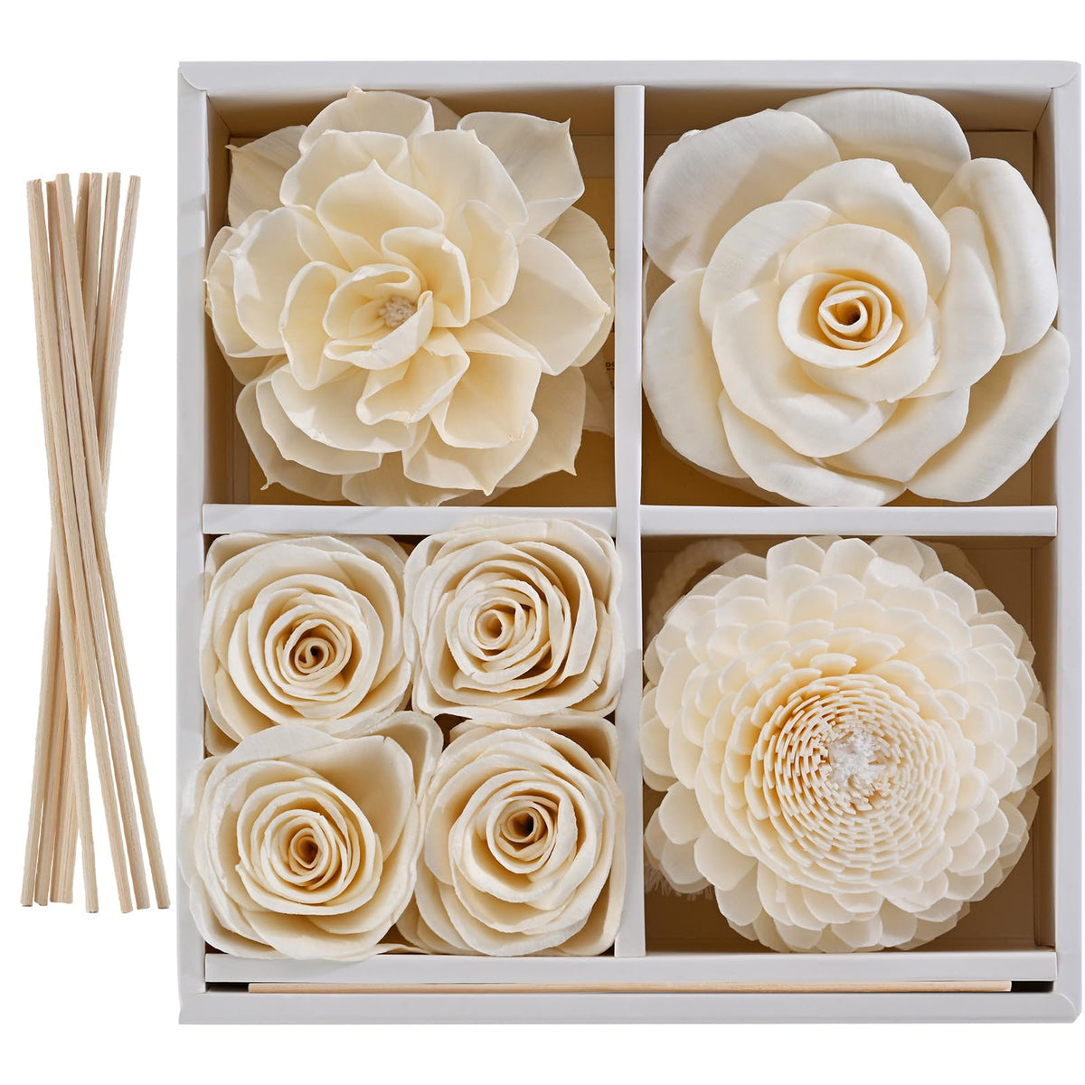 Jear pean flower diffuser with sola wood flowers adds subtle room fragrance.
