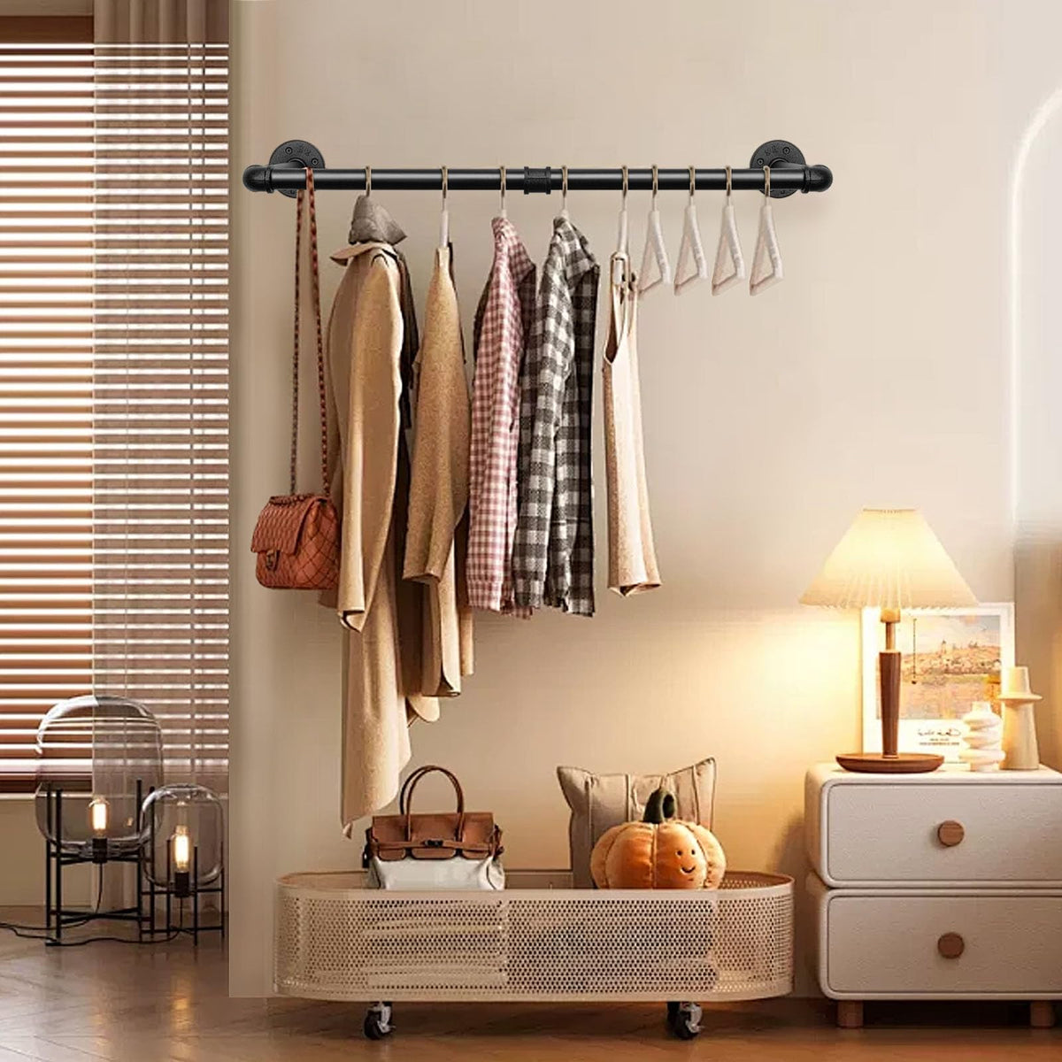 Jeasor space-saving wall design maximizes wall space for clothes and towels.