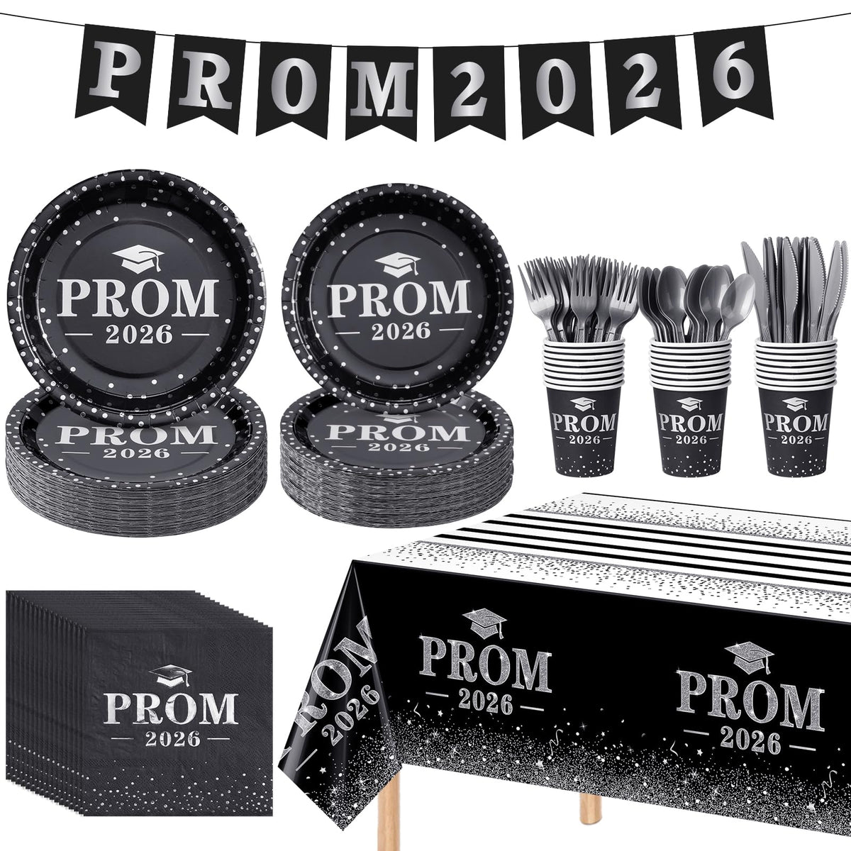 Jectivs prom 2026 9-inch plates, black and silver, for elegant graduation table settings.