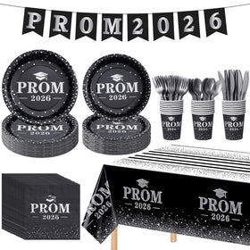 Jectivs prom 2026 9-inch plates, black and silver, for elegant graduation table settings.