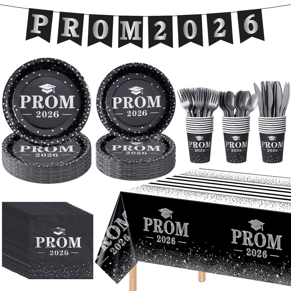 Jectivs prom 2026 9-inch plates, black and silver, for elegant graduation table settings.