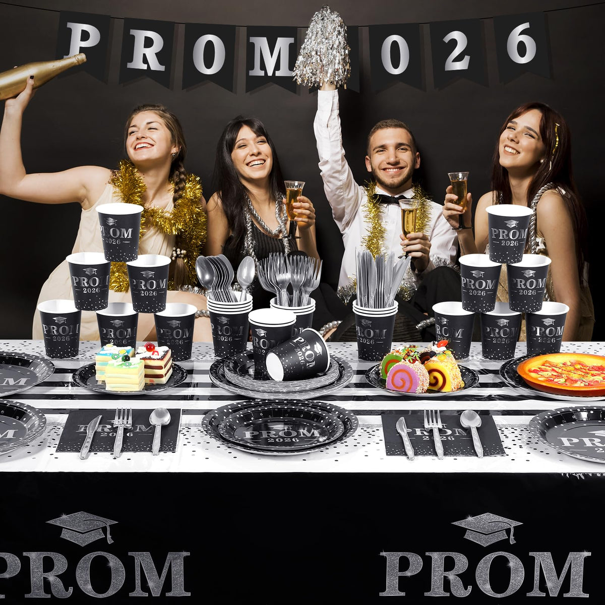 Jectivs prom 2026 plastic tablecloths in black-silver tones.
