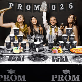 Jectivs prom 2026 plastic tablecloths in black-silver tones.