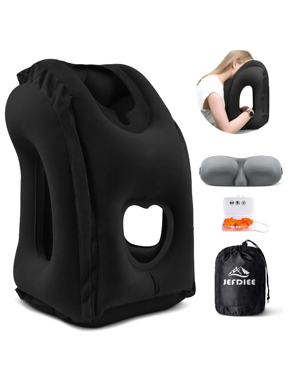 JefDiee inflatable travel pillow shows 45-degree ergonomic design for neck support.