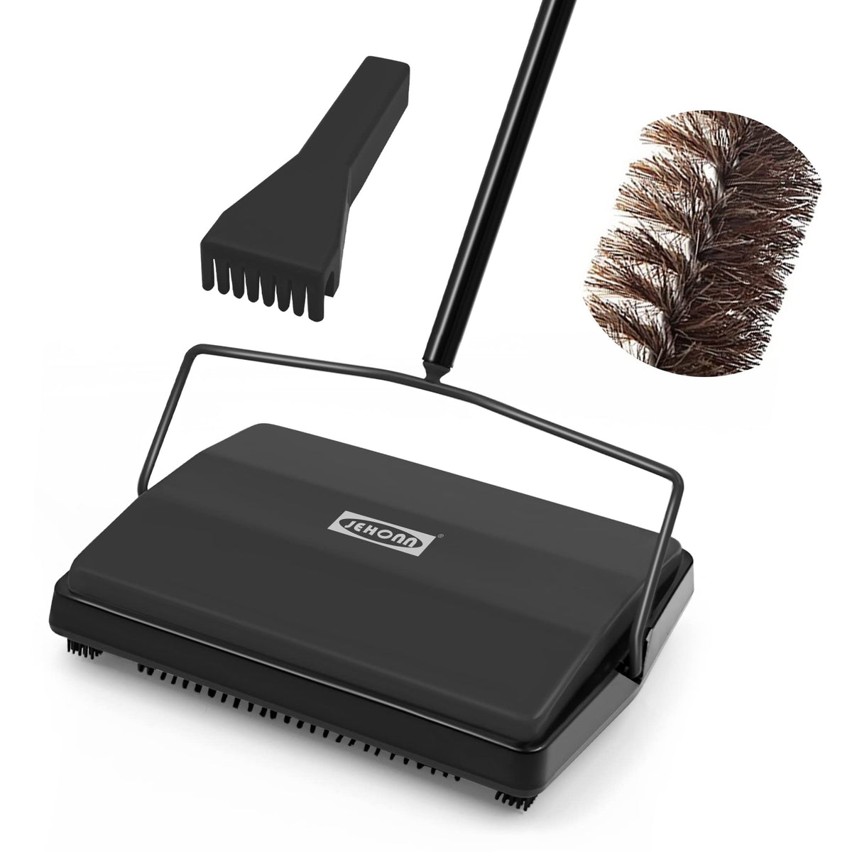 JEHONN carpet sweeper with horsehair rollers picks pet hair from rugs.