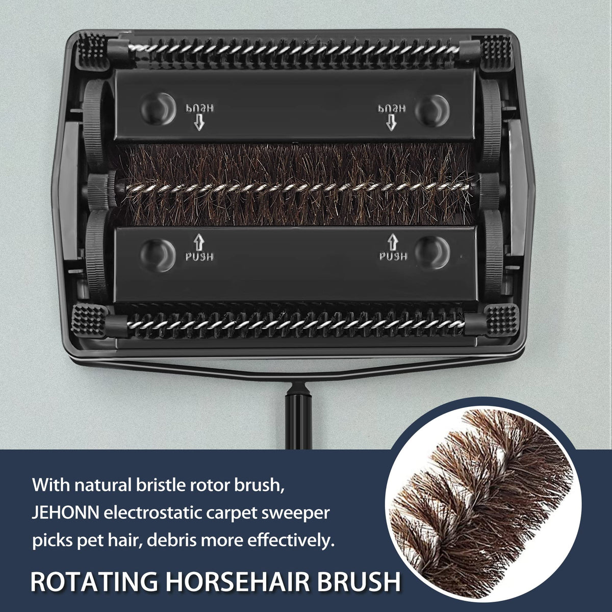 JEHONN non-electric push sweeper glides for cordless cleanup.