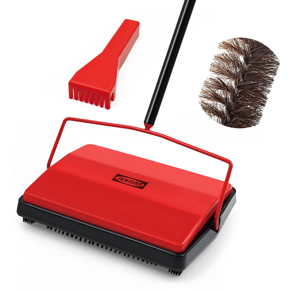 JEHONN carpet sweeper with horsehair dual rollers lifts pet hair from a rug