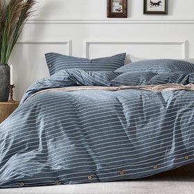 JELLYMONI washed cotton duvet cover blue stripe close-up showing breathable fabric