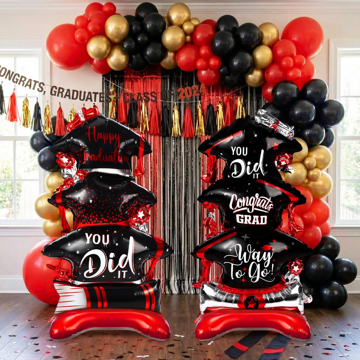 Jenaai self-standing foiled balloon two-pack creates a bold graduation centerpiece.