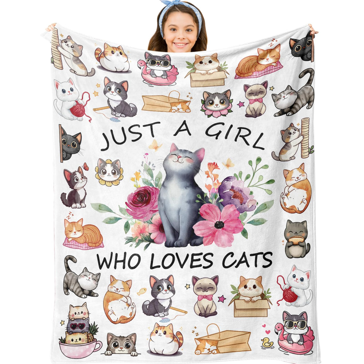 Jepufo cat blanket girls print showcasing a stylish cat design for cat-loving kids.