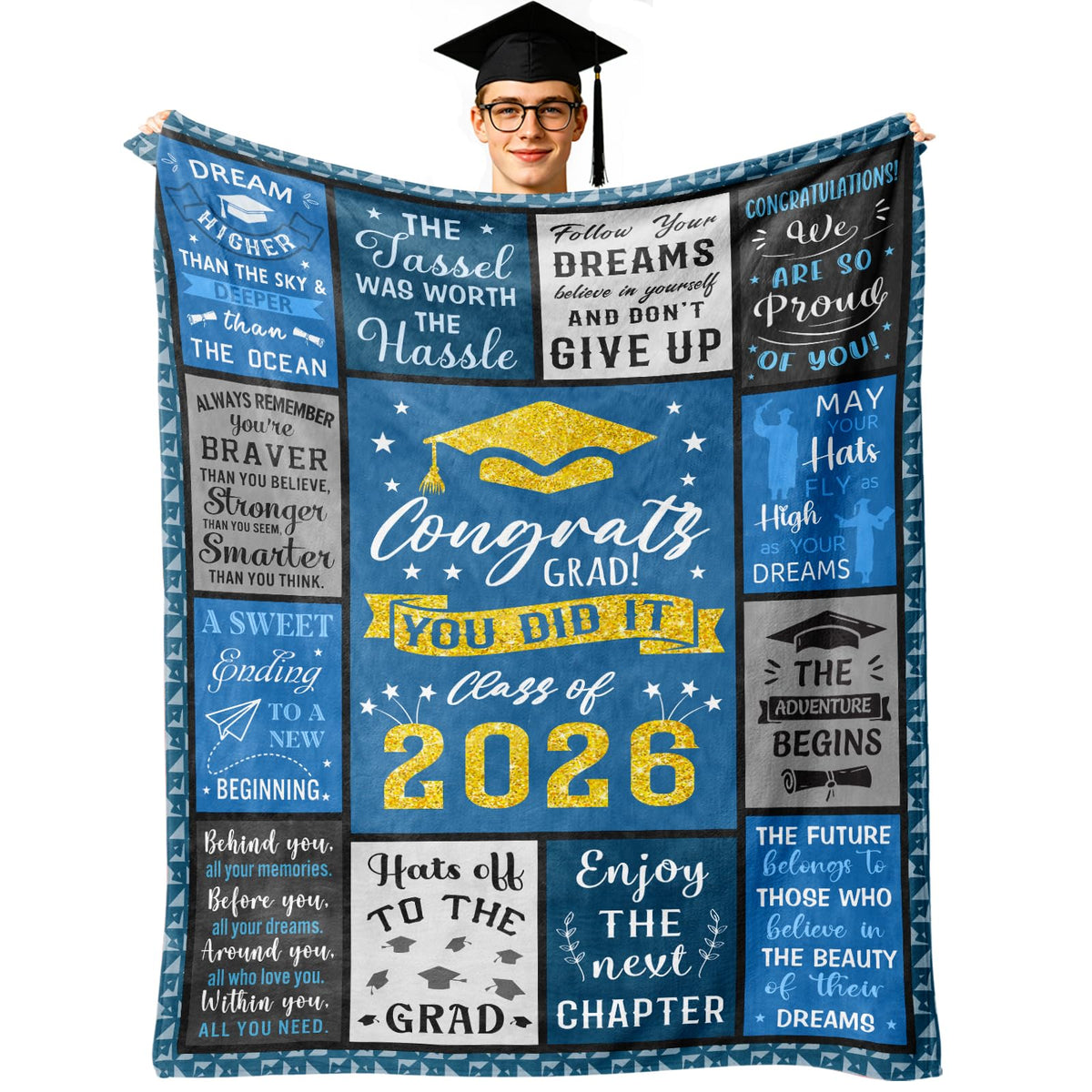 Jepufo graduation blanket close-up showing soft microfiber texture and celebratory design