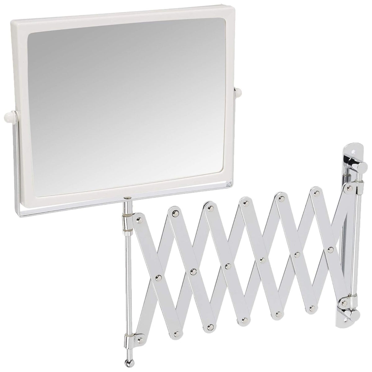 JERDON two-sided swivel wall-mount mirror with 30-inch extension for space-saving grooming.