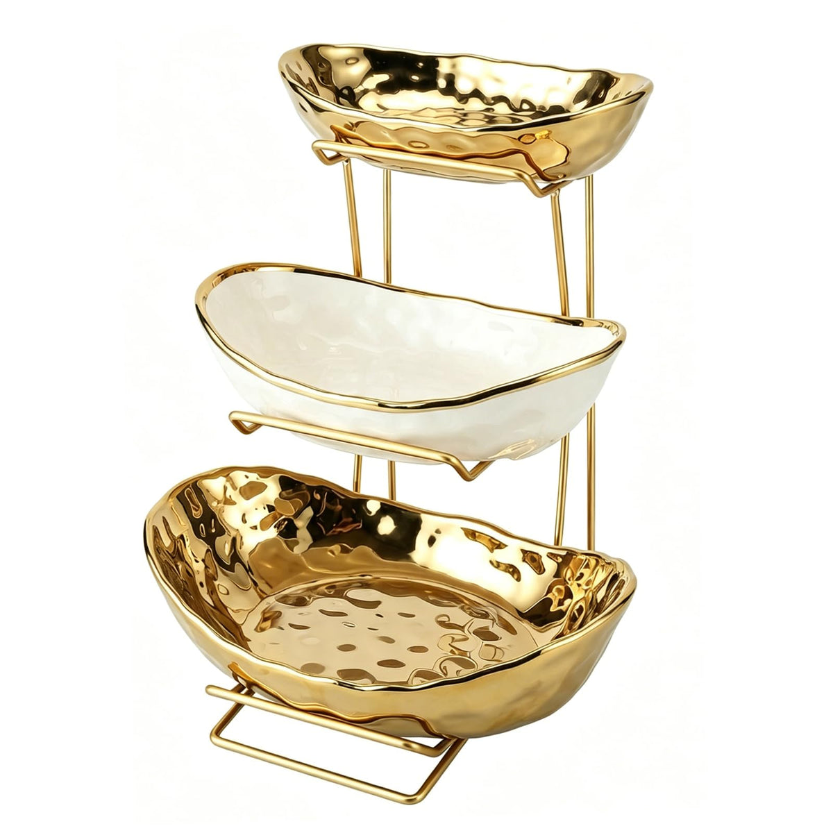 Jessie 3-tier ceramic fruit bowl with gold stand, ideal on counter for fresh fruit display.