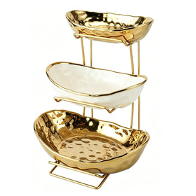 Jessie 3-tier ceramic fruit bowl with gold stand, ideal on counter for fresh fruit display.