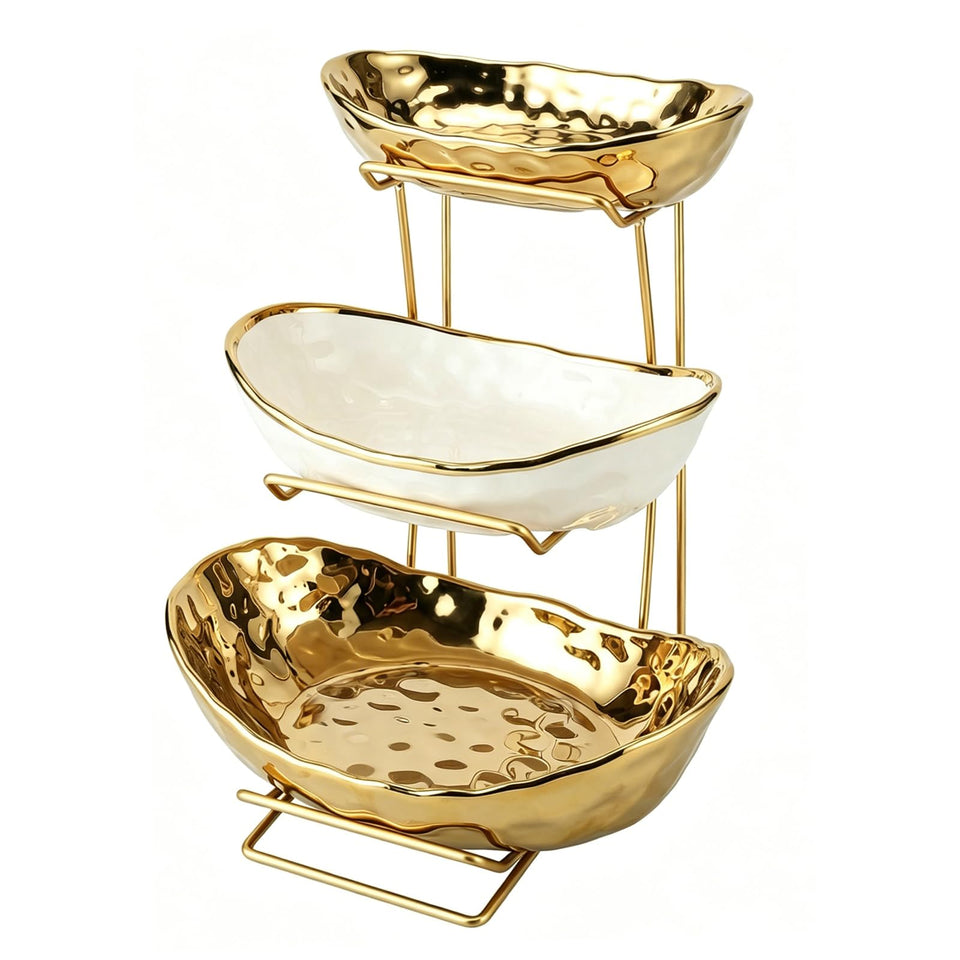 Jessie 3-tier ceramic fruit bowl with gold stand, ideal on counter for fresh fruit display.