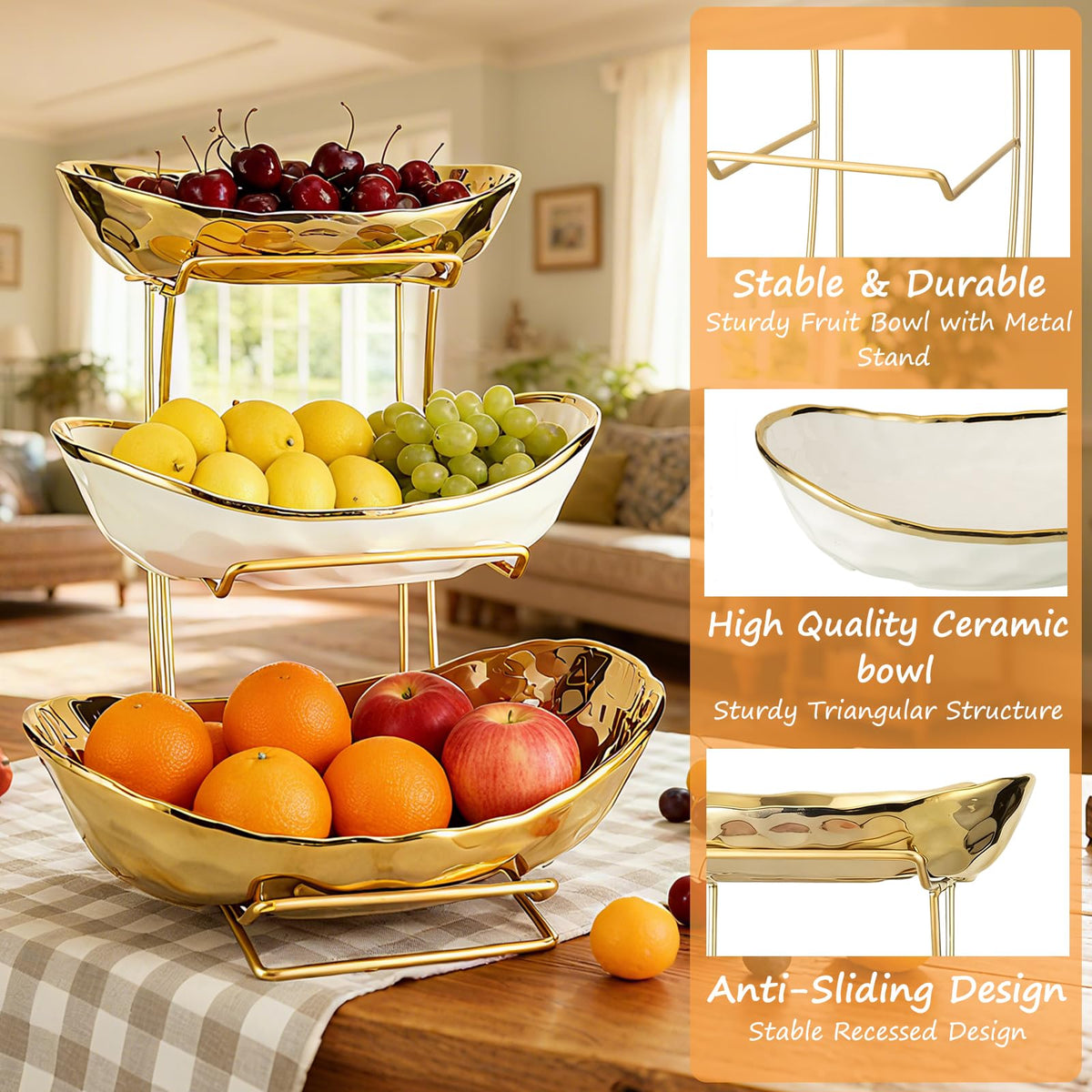 Jessie multi-tier fruit tray on table, perfect for entertaining snacks.