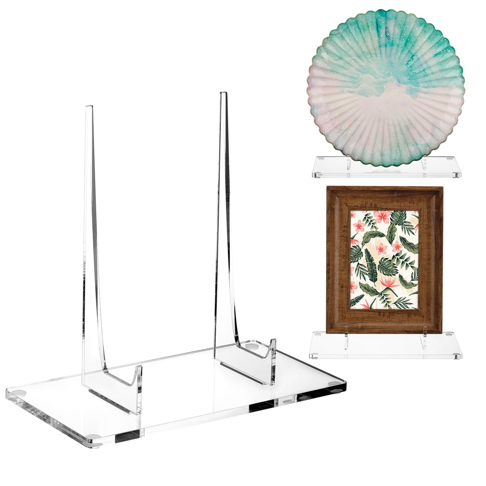 Jetec acrylic book stand clear easel displays plates and photos on a desk