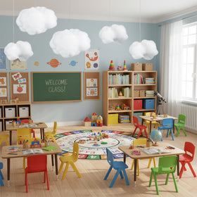 Soft fabric clouds provide durable DIY decor and long-lasting display.