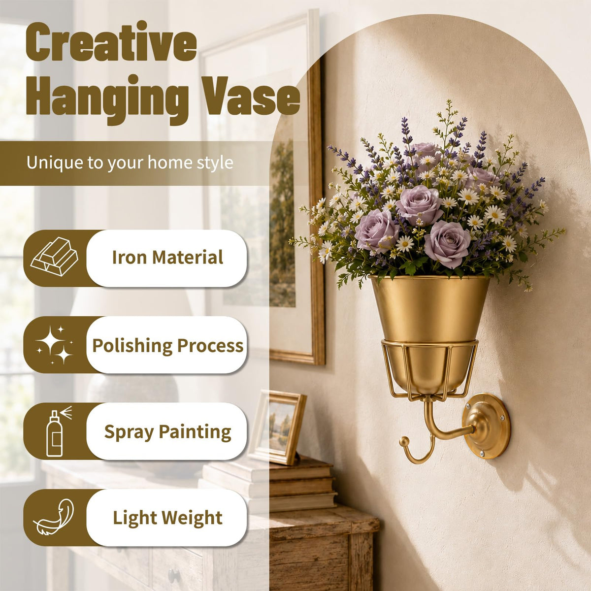 Jevuoyee Gold Wall Vase in bathroom decor highlights moisture-friendly metal and shine.