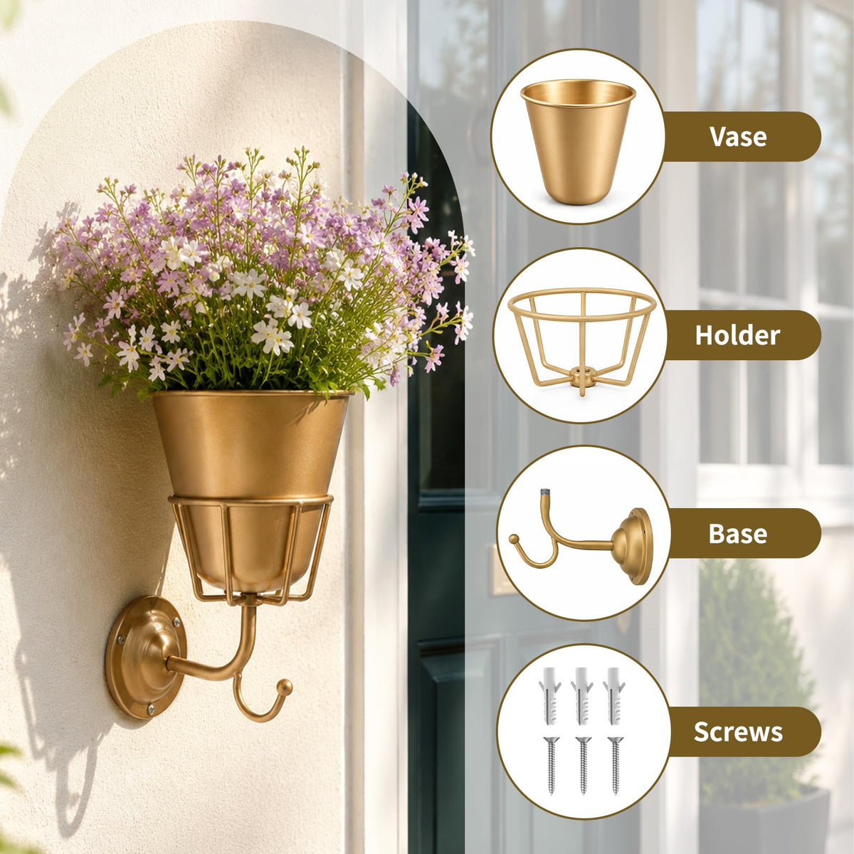 Jevuoyee Gold Wall Vase on living room display demonstrates space-saving elegance.