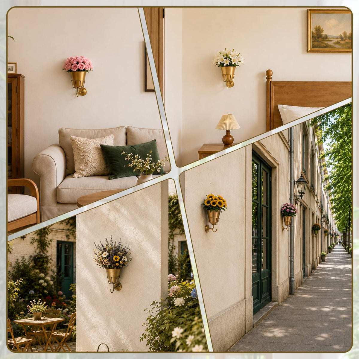 Jevuoyee Gold Wall Vase on outdoor fence shows weather-ready versatility.
