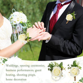 Close-up of artificial petal roses and leaves from Jexine corsage set