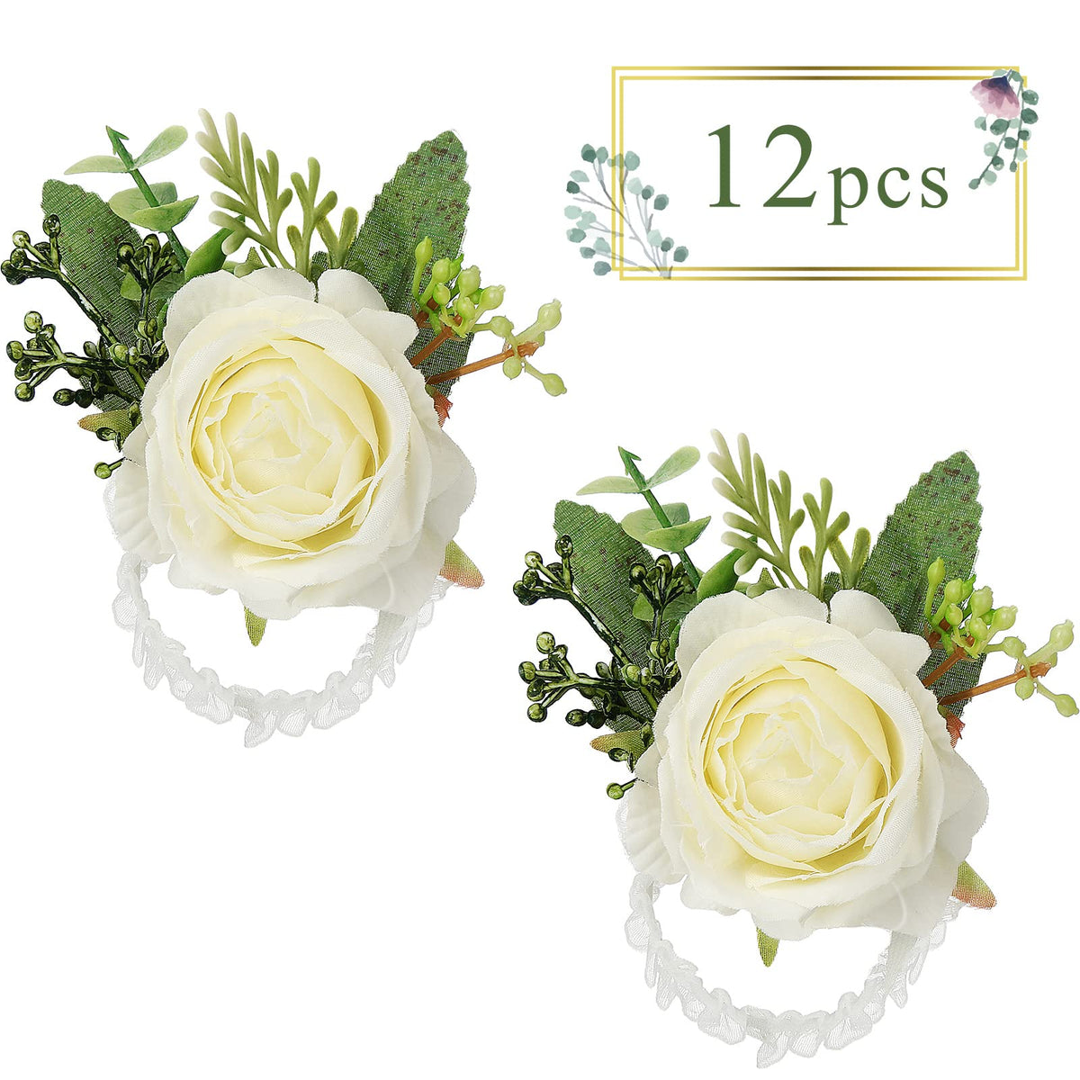 Ivory white rose blooms with green leaves on a Jexine wristband for elegant bridesmaid styling
