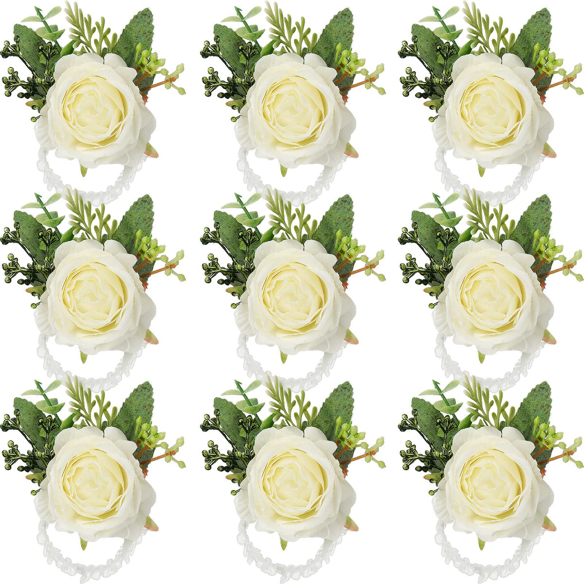 Jexine rose wrist corsage 12pc set with ivory blooms for wedding party decor