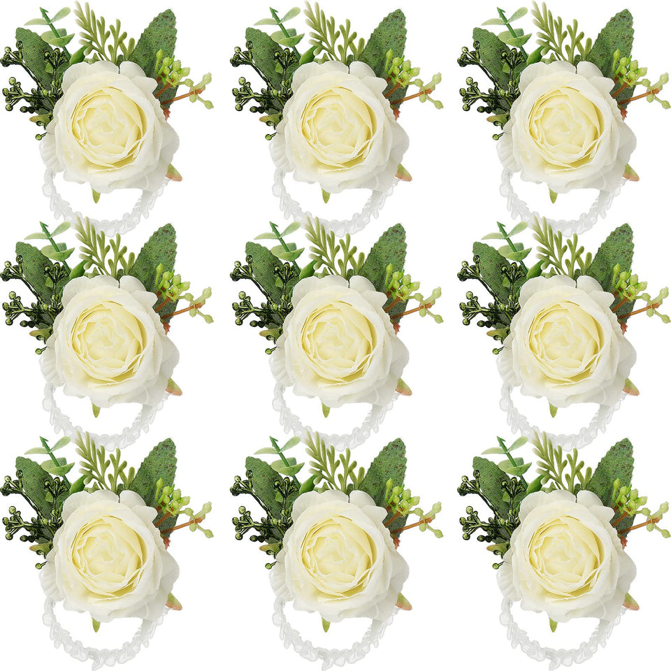 Jexine rose wrist corsage 12pc set with ivory blooms for wedding party decor