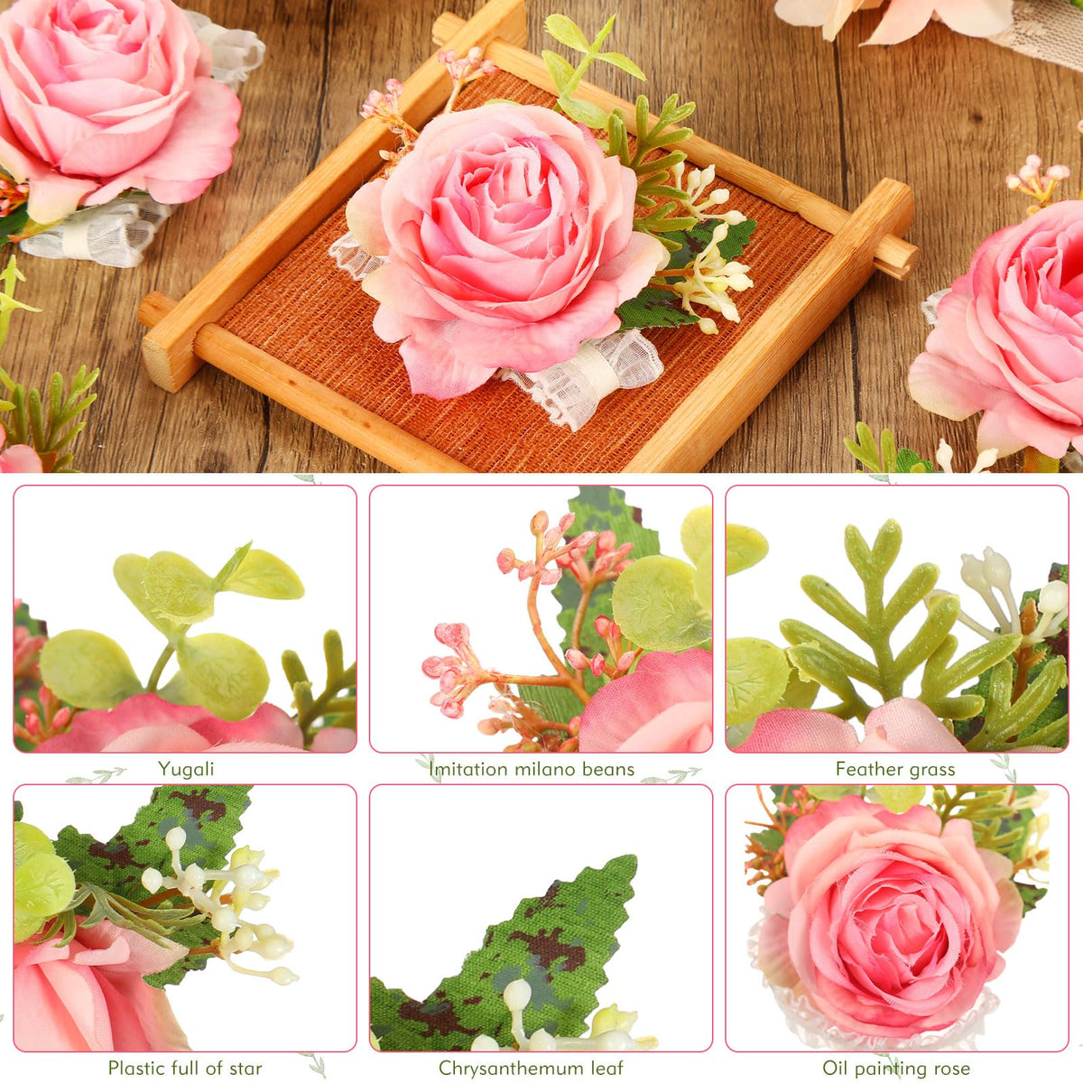 Jexine rose wrist corsage bracelet with green leaves for bridesmaid looks