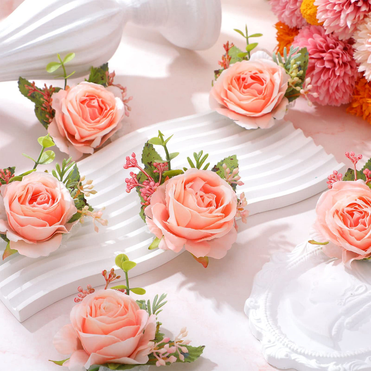 Jexine bridal wristband with pink roses and green leaves for elegant wedding decor