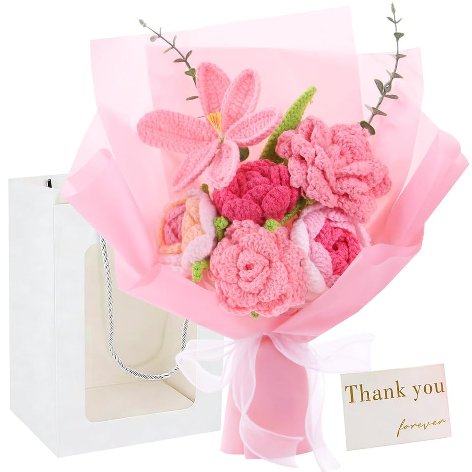 Jeymoro crochet bouquet closeup of roses and tulips for long-lasting decor