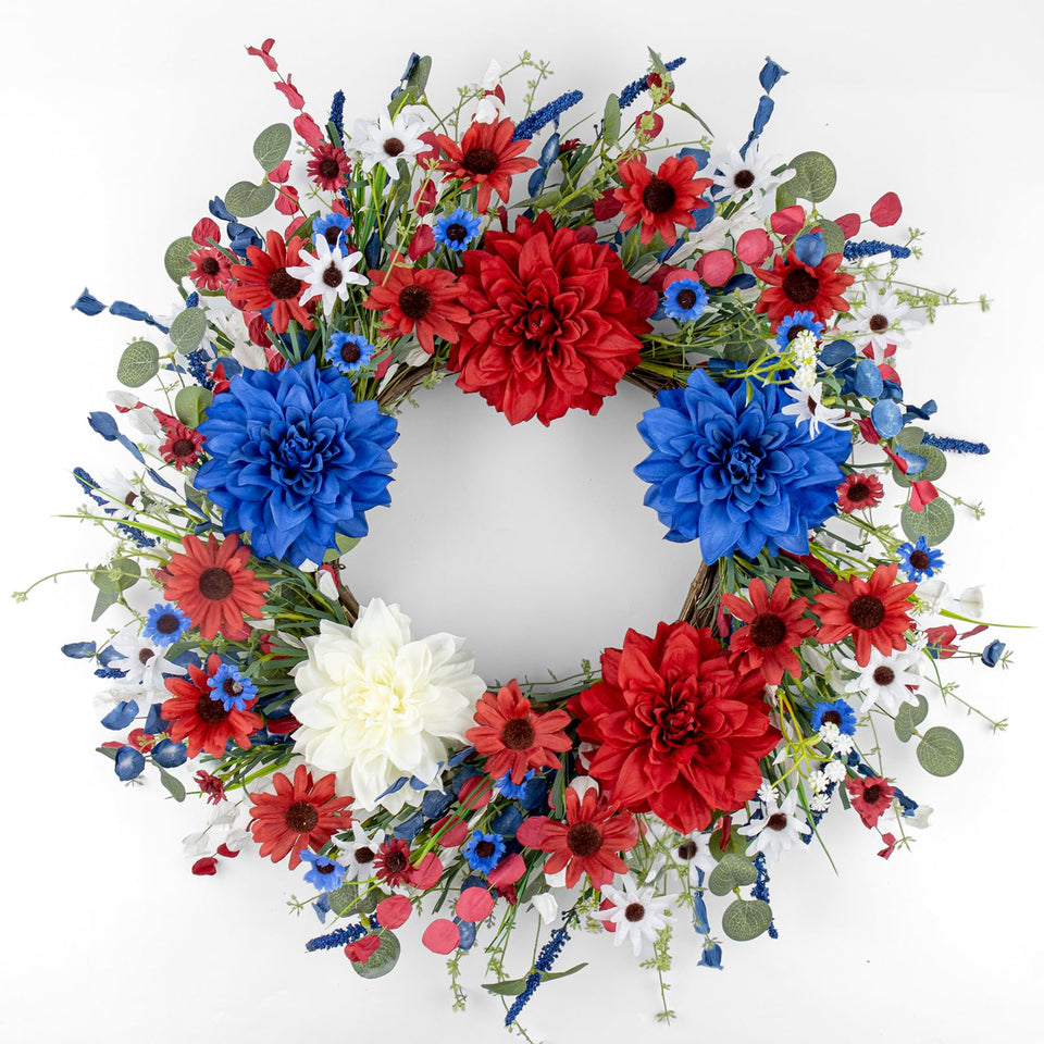 J'FLORU 4th of July wreath with red white blue dahlias for festive front door decor.
