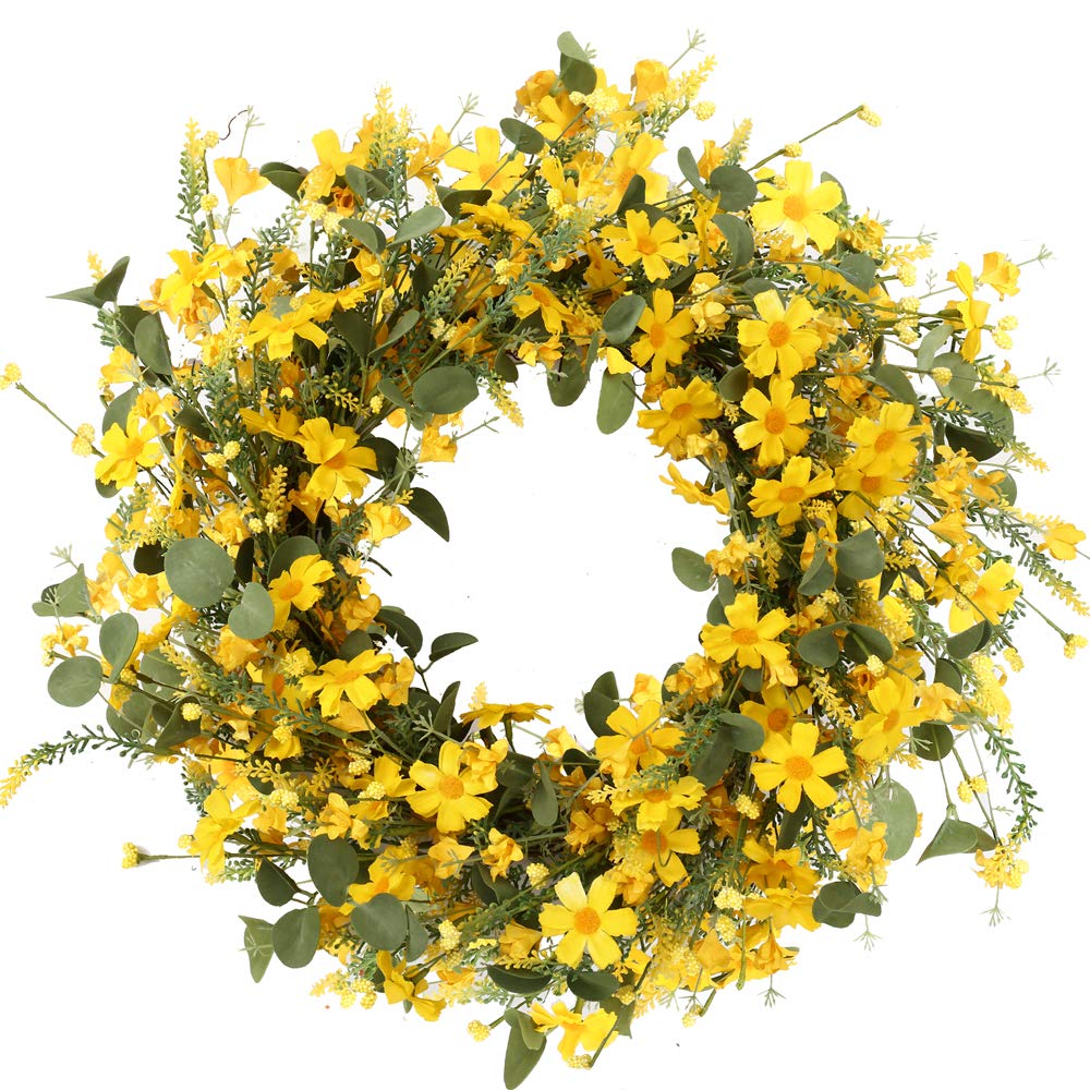 J'FLORU artificial spring wreath on front door enhances curb appeal with sunny yellow daisies.