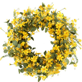 J'FLORU artificial spring wreath on front door enhances curb appeal with sunny yellow daisies.