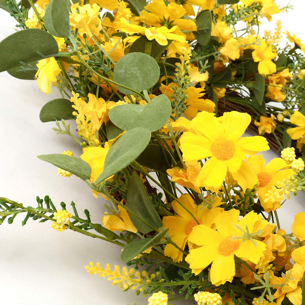 J'FLORU yellow daisy wreath adds bright indoor cheer and long-lasting seasonal charm.