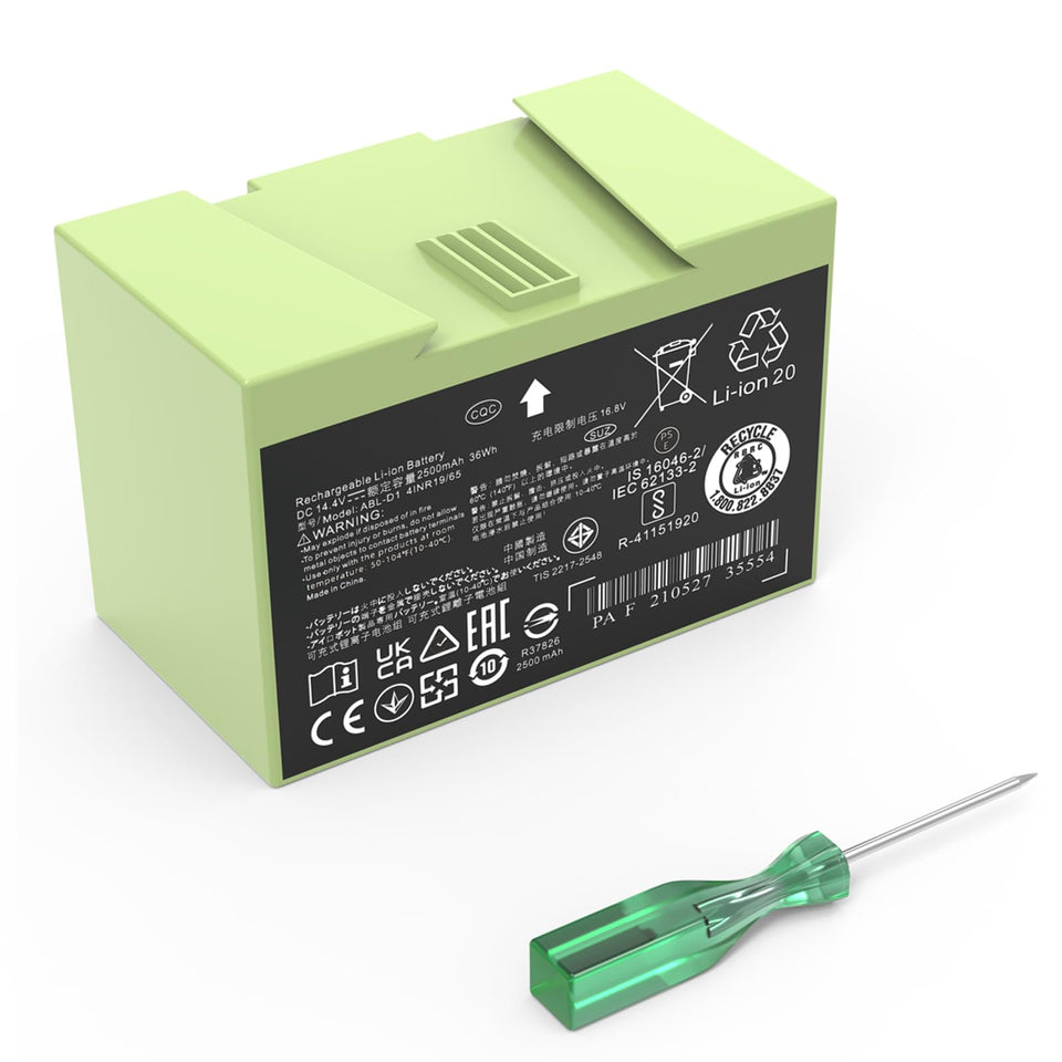 JGTM ABL-D1 battery front view showing high capacity and compatibility for Roomba models