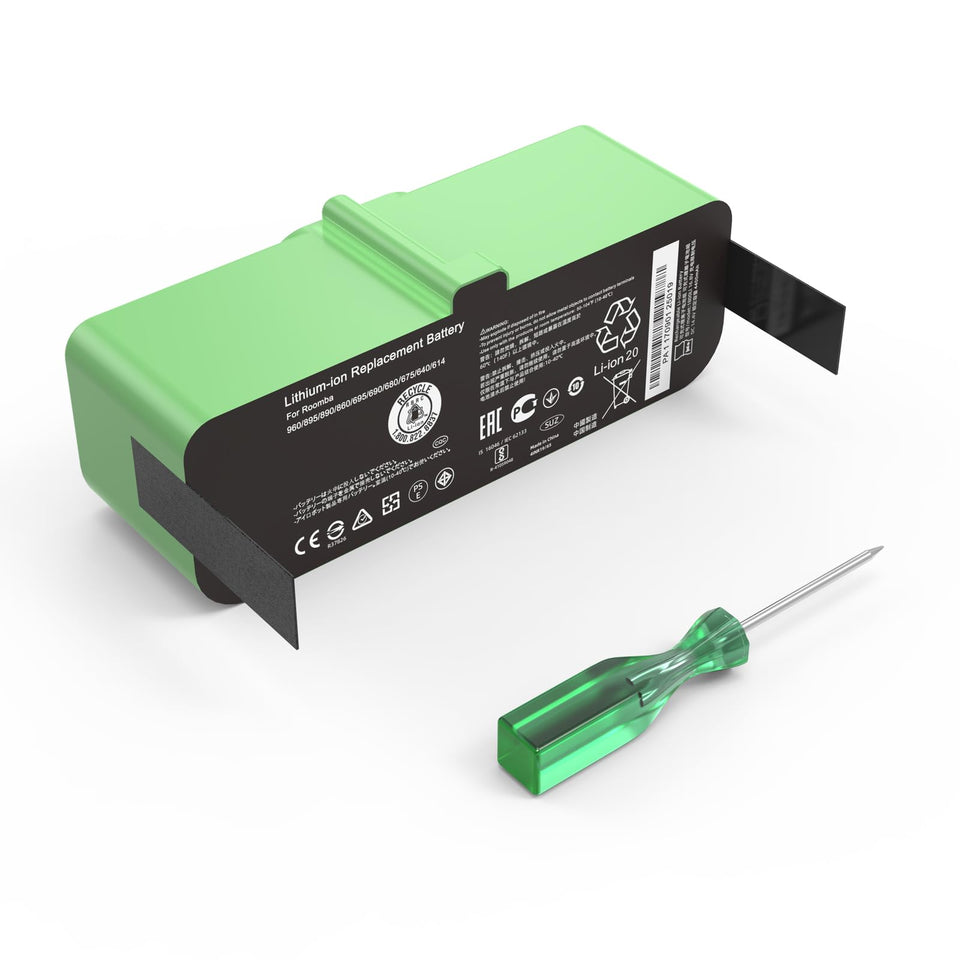 JGTM Roomba Li-ion battery pack compatible with 600-900 series for longer cleaning sessions.