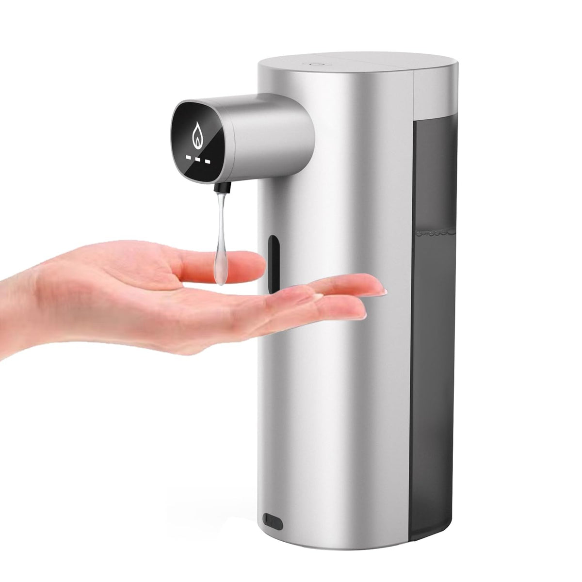 Jhungrun automatic soap dispenser in silver, front view for hands-free use