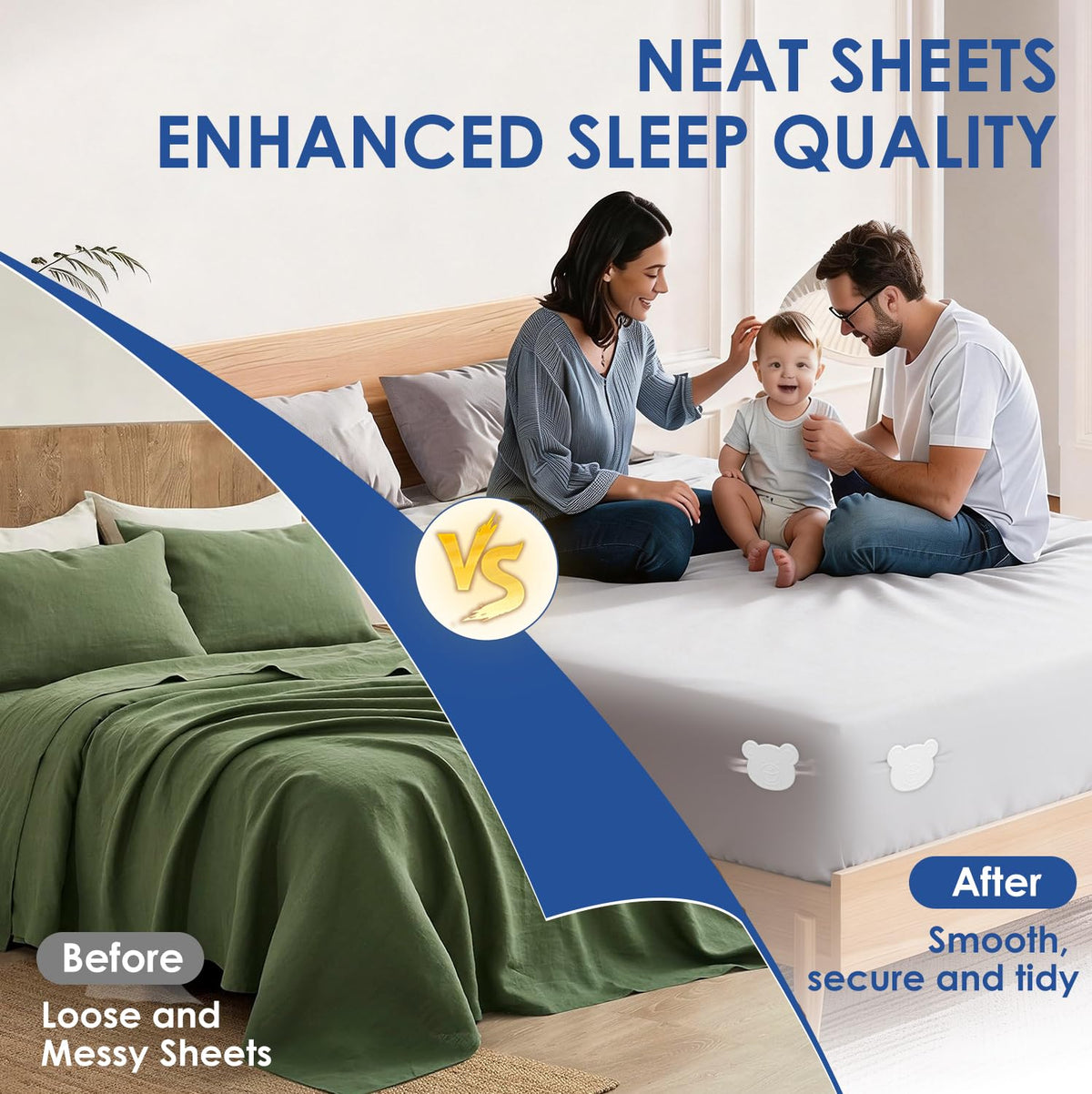 Jiaao bed sheet holders easy-installation-step shows tool-free setup for quick bed making.
