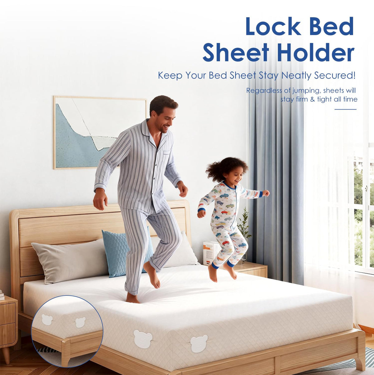 Jiaao bed sheet holders set-of-4 shown on a tidy bed.