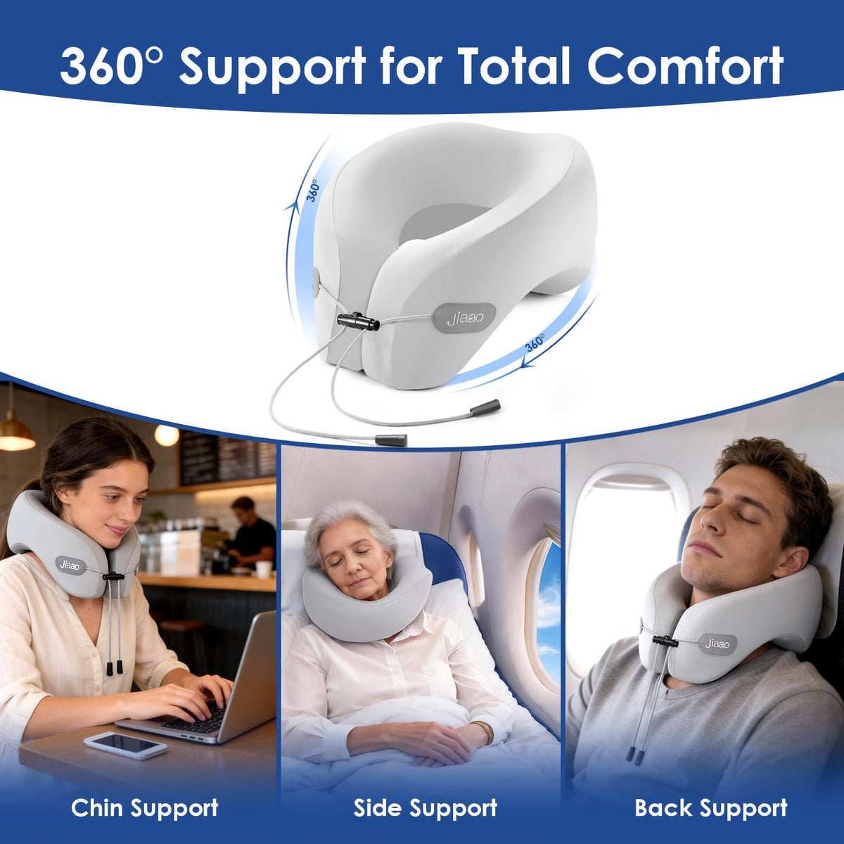 Jiaao gray neck pillow showing 360° neck support for steady rest during travel.