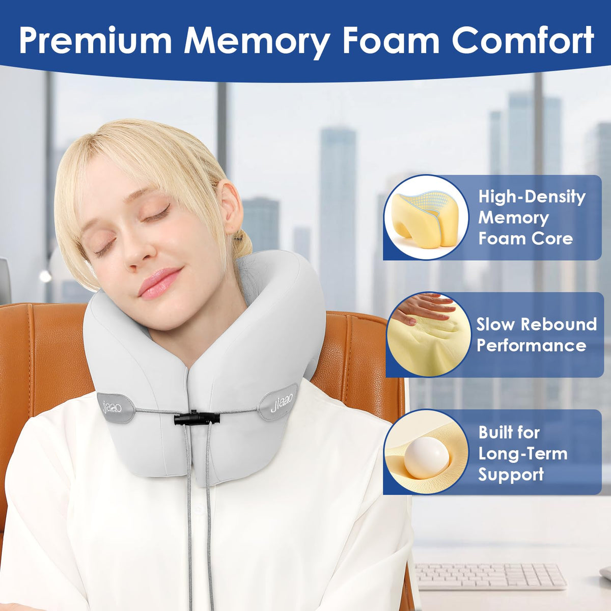 Jiaao pillow featuring breathable nylon-spandex cover for cooling comfort on long trips.