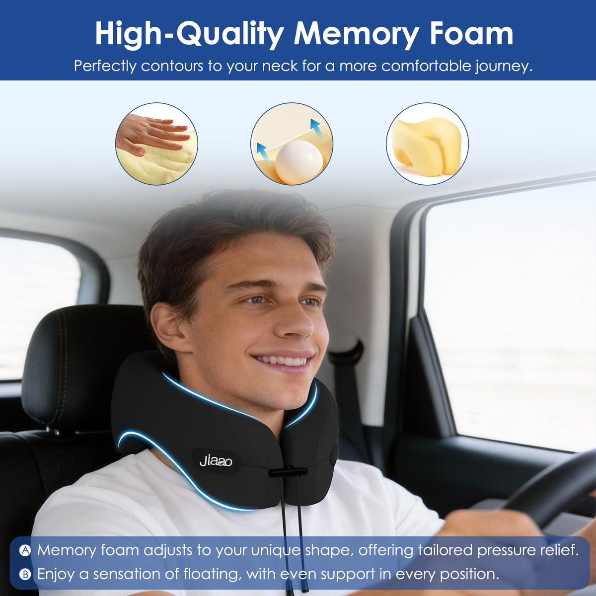 Jiaao neck pillow paired with 3D eye mask for complete darkness.