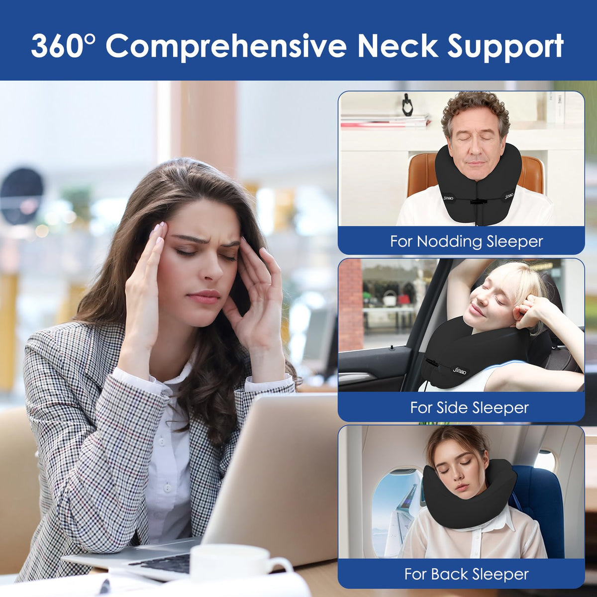 Jiaao travel pillow shown with washable cover for easy care.