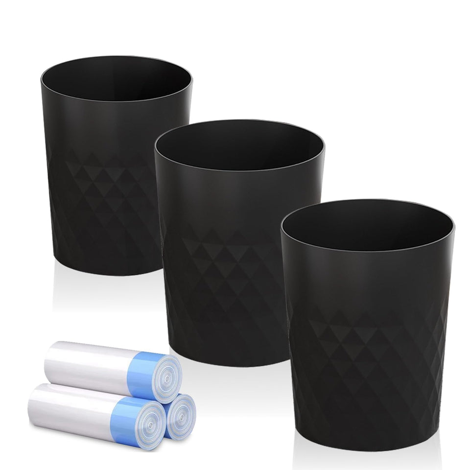 JiatuA 3-pack small trash can in bathroom with bags included for quick disposal.