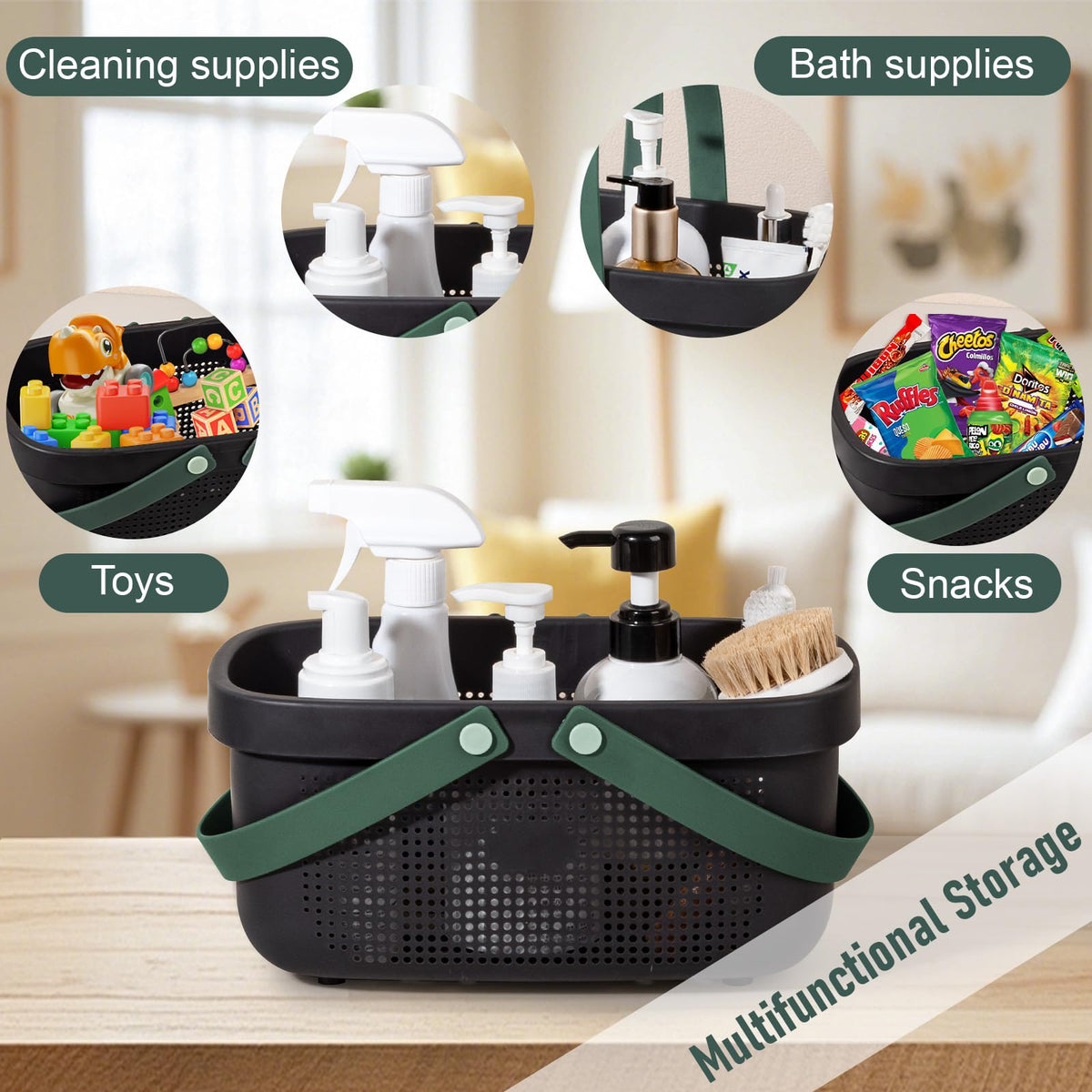 JiatuA multi-purpose storage basket organizes gels, shampoos, cosmetics, and snacks neatly.